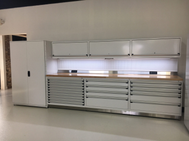 All White Storage Workbench with Wood Tops.