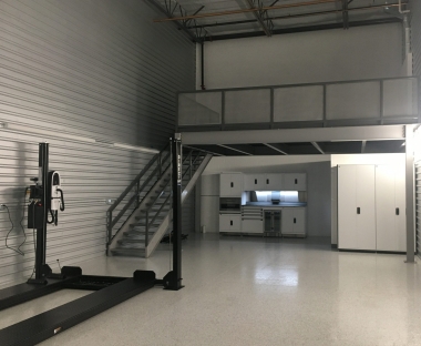 Straight Stair Loft with White GT Workbench/Spider and 4-post lift.