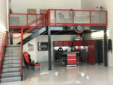 Black with Glossy Red Closed-Railing/Risers with GT workbench and Island with Stools.